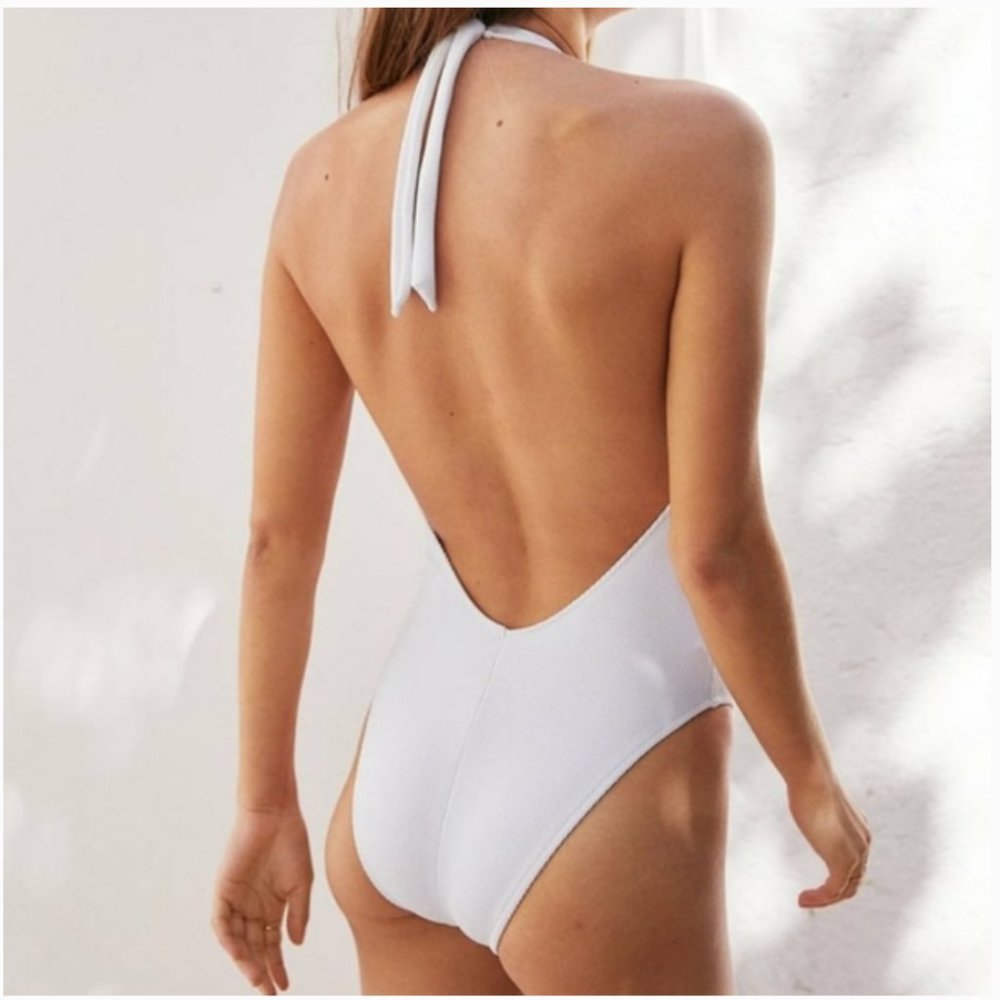 aerie White Ribbed Super Plunge One Piece Swimsuit Small